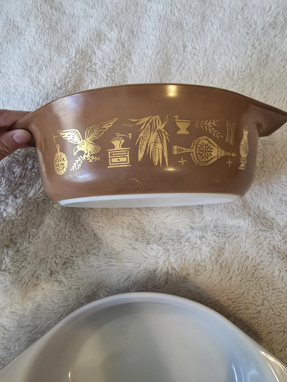 Pyrex Brown Glass Casserole Dishes with Gold Decal Pattern (Set of 2)